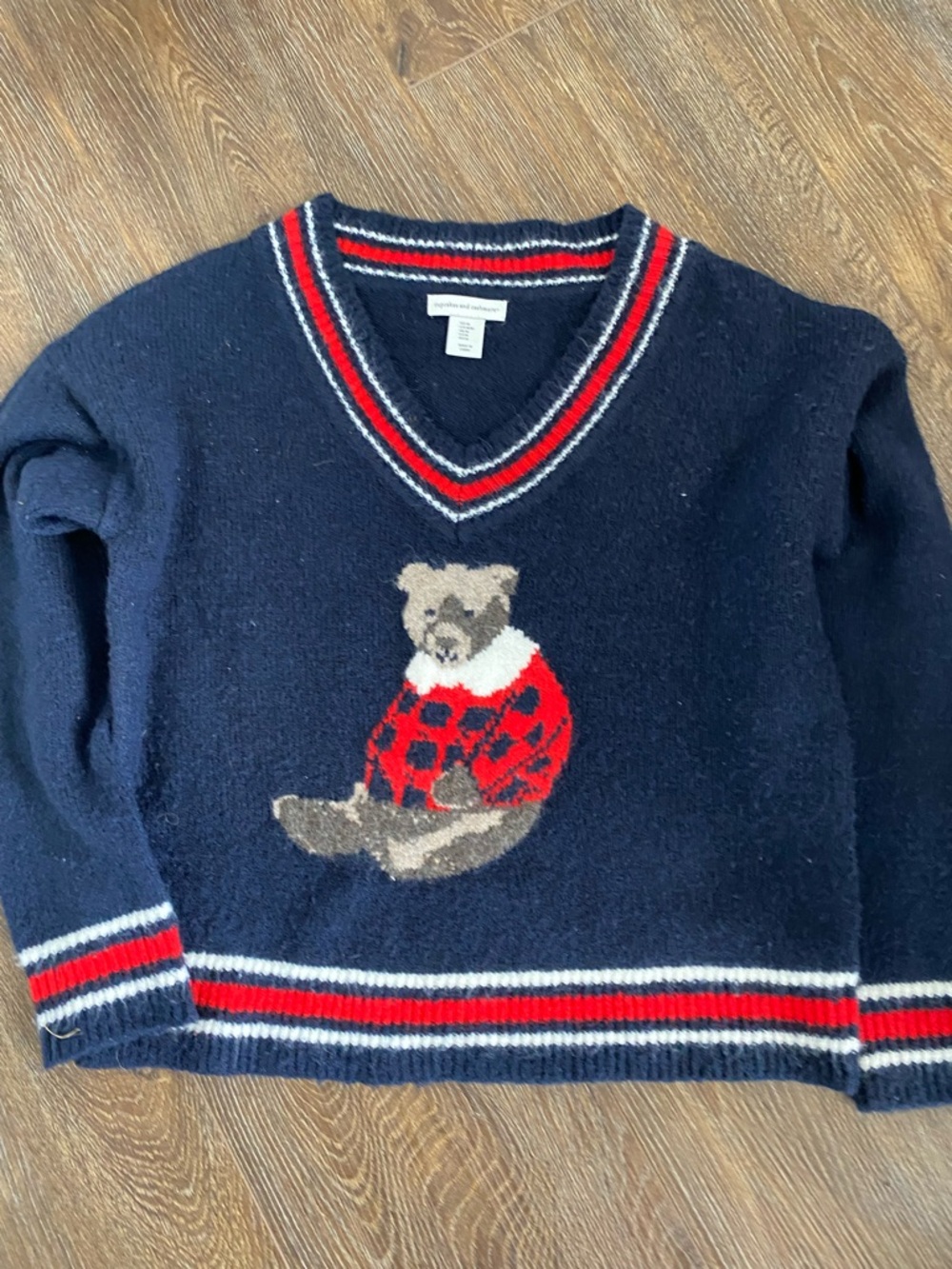 cupcakes & cashmere Navy V-Neck Sweater with Red and White Trim